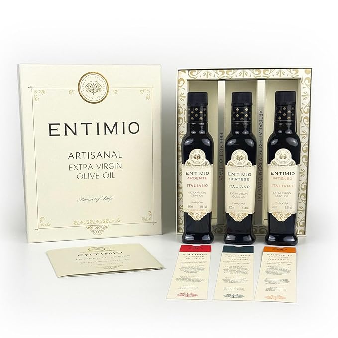 Entimio Collection Organic Italian Extra Virgin Olive Oil Gift Set from Italy, 600+ to 900+ mg/kg High in Polyphenols, 2025 Gold Winner, Early Harvest evoo, Cold Extracted, Lab Tested – 3 x 8.5 fl oz