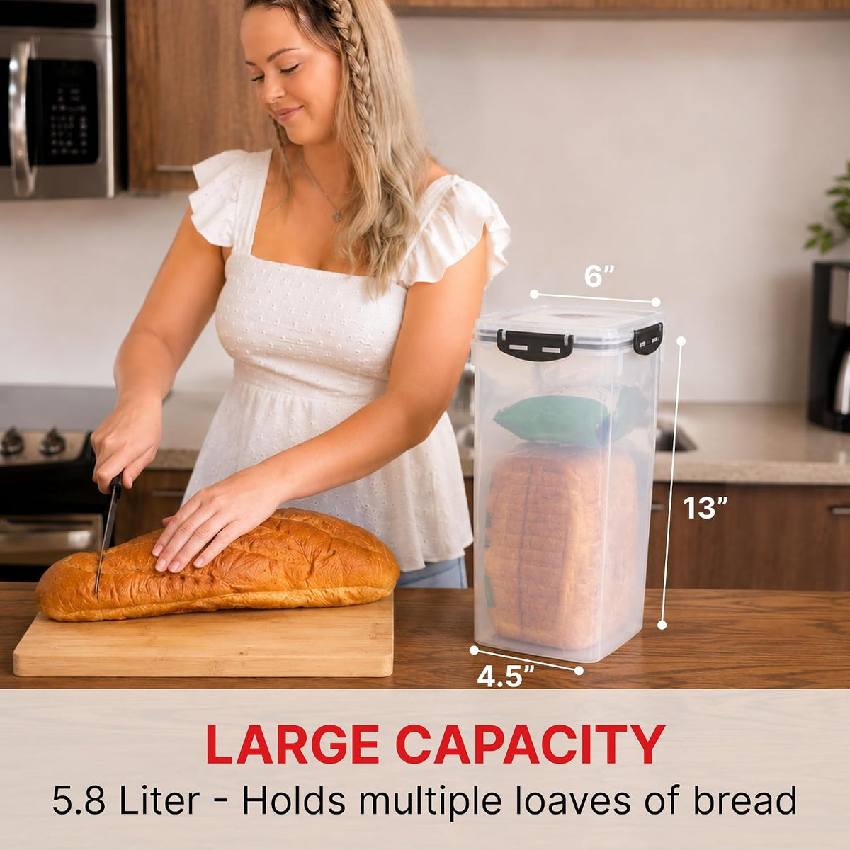 Tafura Bread Container - 5.8 Liter BPA Free Plastic Bread Box - Container/Holder for Homemade Loaves and Baked Goods with Black Airtight Lid