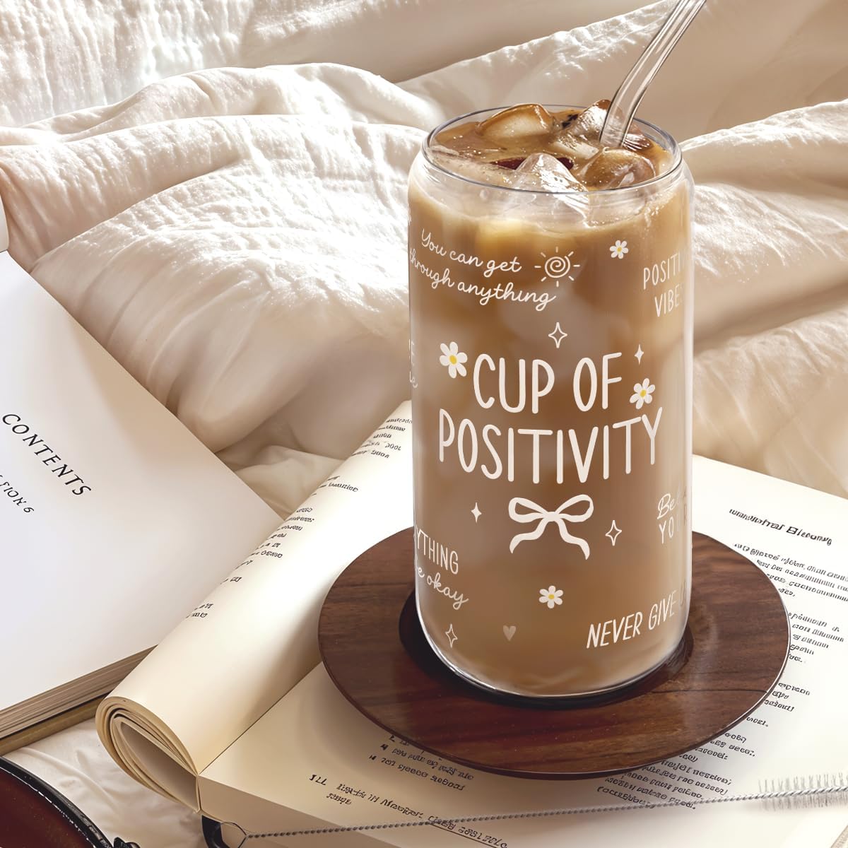 SANDJEST Inspiration Glass Can, Positive Motivational Cup with Lid &amp; Straw, Iced Coffee Aesthetic Cups, Gift for Christmas Birthday Mother Day, Gifts for Women, 16oz