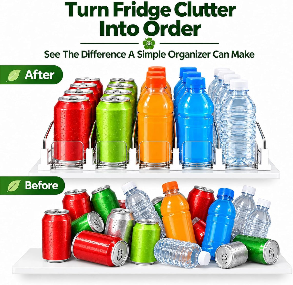 Drink Organizer for Fridge, 5 Row Automatic Pusher Glide, Adjustable Width Soda Can Dispenser for Refrigerator-Holds up to 25 Cans