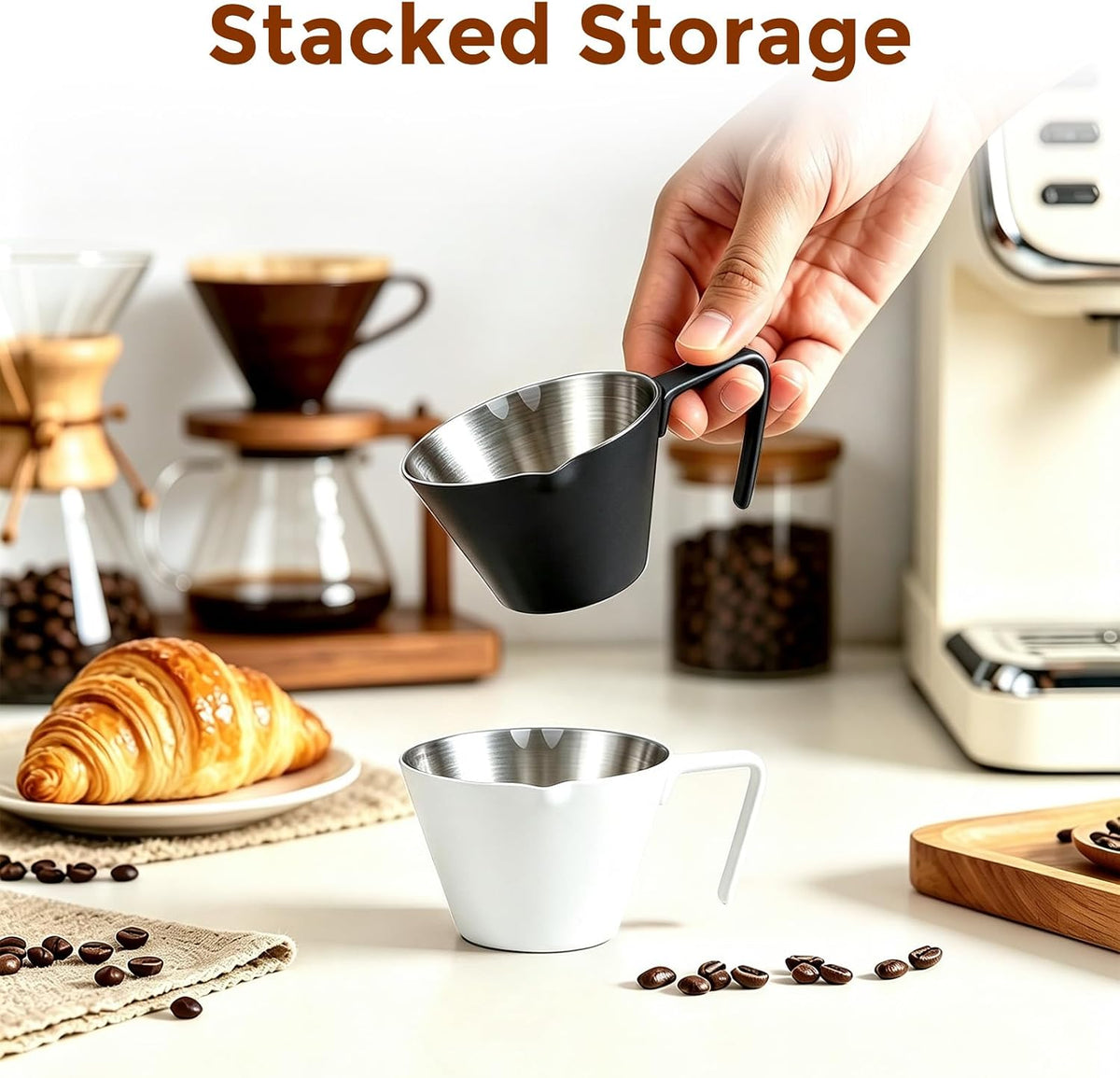 2 Pc Stainless Steel Espresso Shot Cups, 3.4oz/100ml, Black | Double Spout Measuring Cups with Handle, V-Shaped Mouth, Ideal for Espresso Brewing and Coffee Making