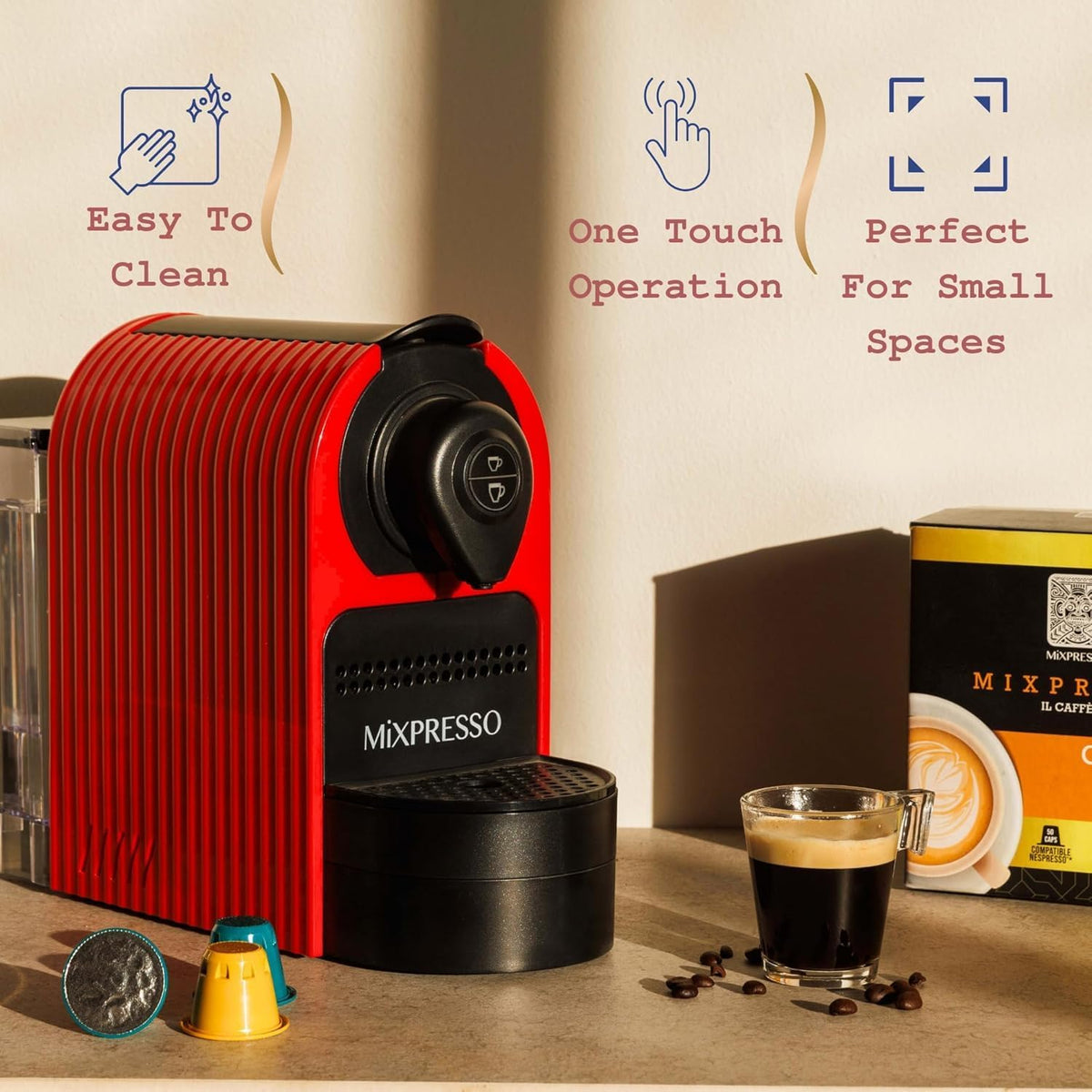 Mixpresso Espresso Machine, Compatible with Nespresso OriginalLine Capsules | 1400W single serve coffee maker with one-touch operation, 19-bar Italian pump and 27oz water tank, red
