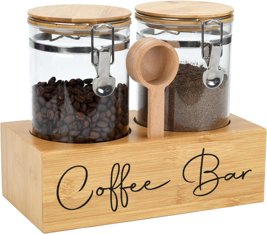 Glass Coffee Canister Set with Bamboo Shelf & Spoon - 2 Airtight Containers (47oz Each) for Coffee Beans, Ground Coffee,