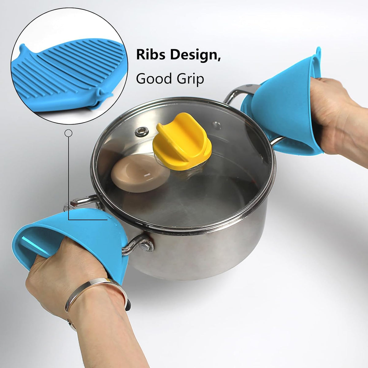 3 Pairs Oven Mitts Silicone Pot Holders Set Heat Resistant for Kitchen - Mini Silicone Oven Gloves Small Mittens Short Grips for Cooking &amp; Baking, Blue