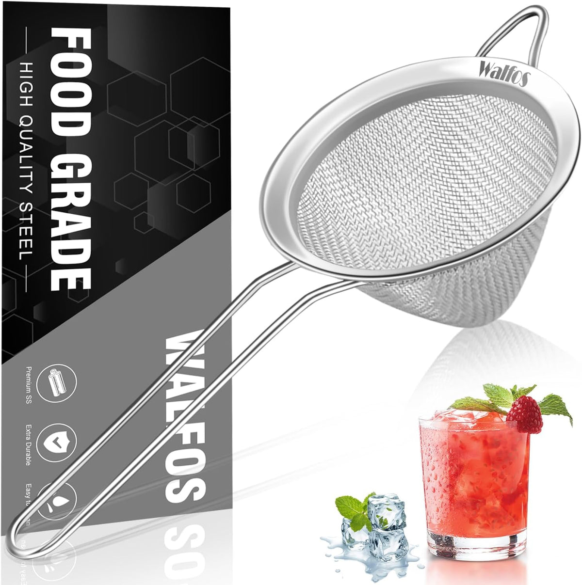 Walfos Small Fine Mesh Strainer for Cocktail &amp; Tea, Mini Stainless Steel Sieve with Handle, 3.15 Inch Metal Strainers for Juicing, Coffee, Drinks, Tea Herbs