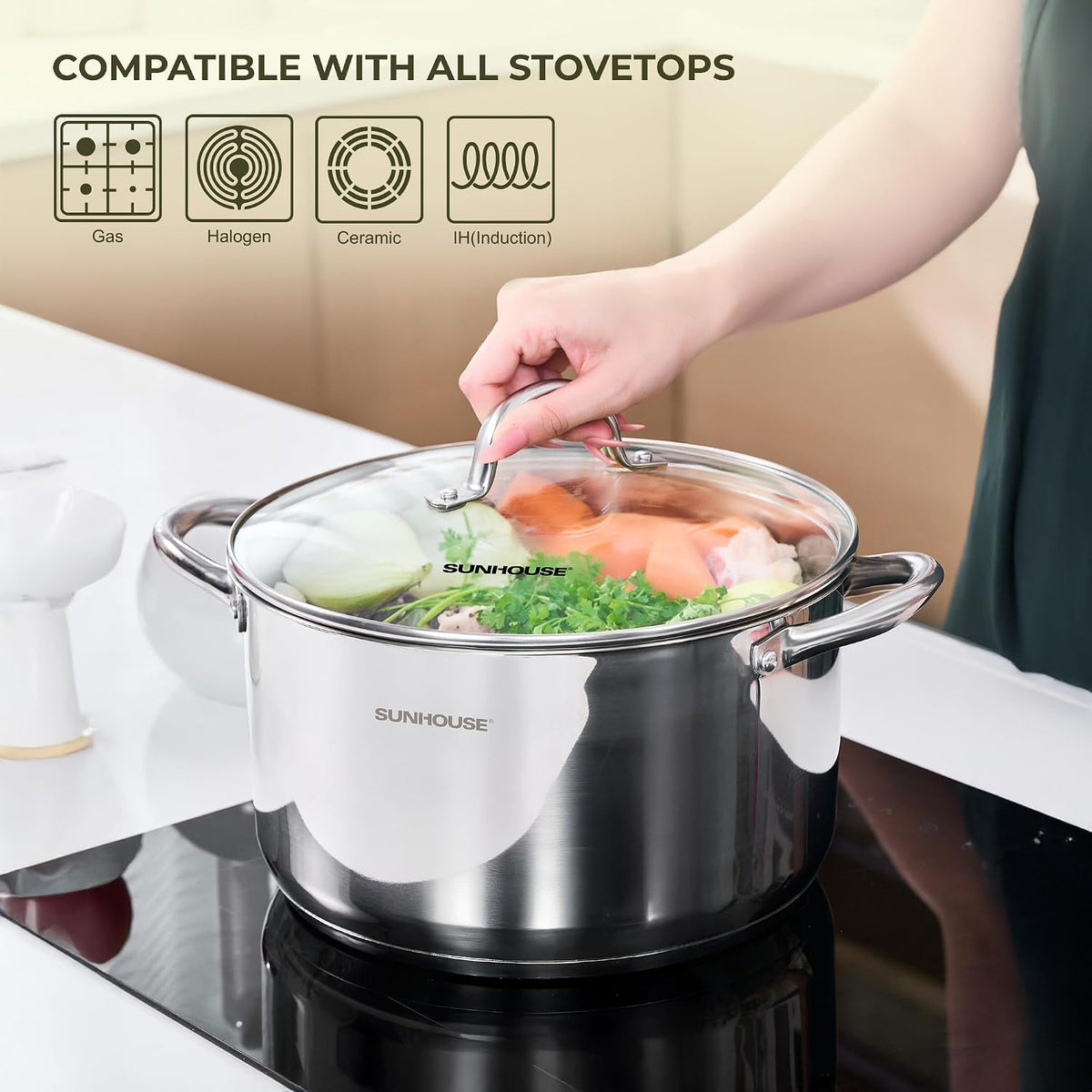 SUNHOUSE 13-Quart Stainless Steel Stockpot w/Tempered Glass Lid - Heavy-Duty, Food-Grade Cookware for Simmering, Boiling, and Induction Cooking - Exceptional Heat Distribution