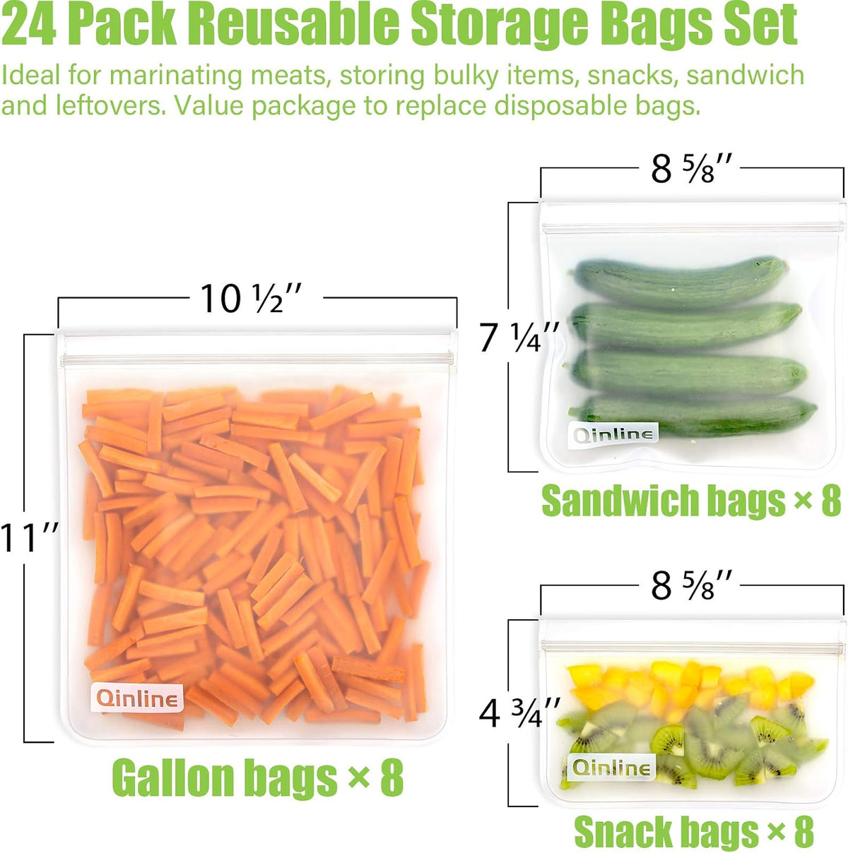 Reusable Food Storage Bags - 24 Pack Dishwasher Safe Freezer Bags, BPA Free Reusable Bags PEVA material, Leakproof Reusable Lunch Bag for Salad Fruit Travel - 8 Gallon 8 Sandwich 8 Snack Bags