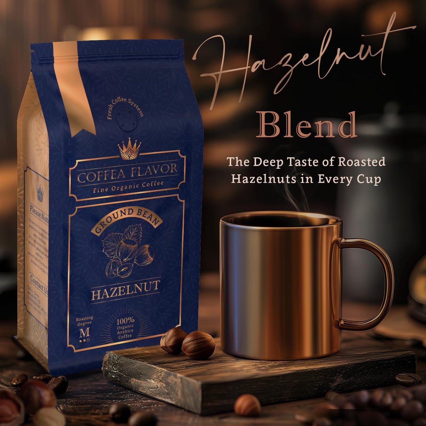 Organic Ground Coffee Medium Roast 16oz - Hazelnut Flavored - For Espresso