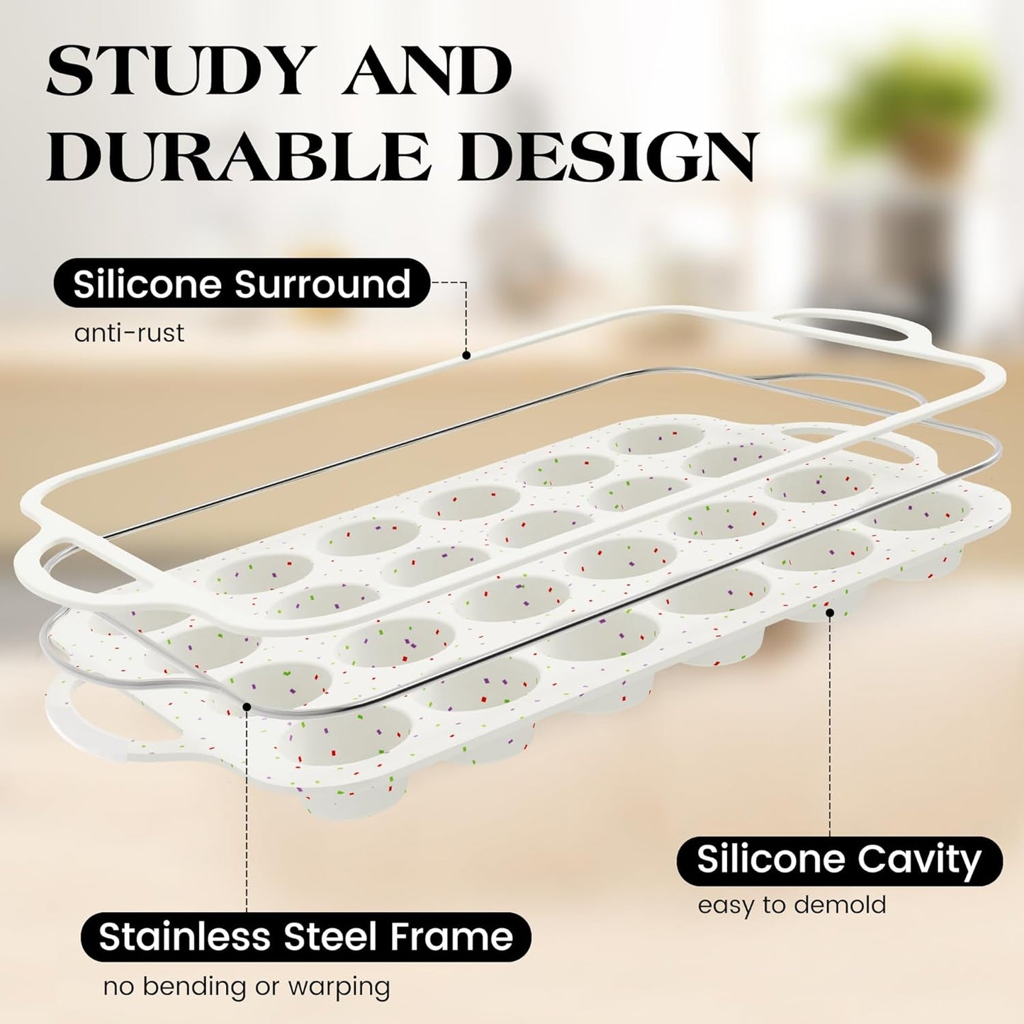 2 Pcs Silicone Mini Muffin Pan With Metal Frame, 24 Cups Nonstick Cupcake Tray for Baking, Small Muffin Molds with Handles (Cream)