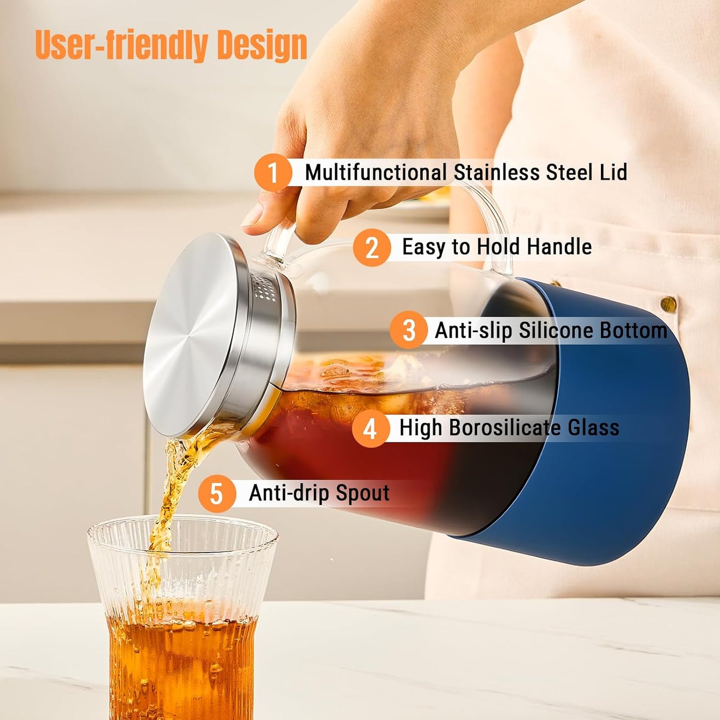 PARACITY Glass Pitcher with Lid, 61oz Water Jug Handle, Blue Silicone Base | Borosilicate carafe has dual pour ports, wide mouth and removable silicone sleeve for hot or cold juice, milk and iced tea
