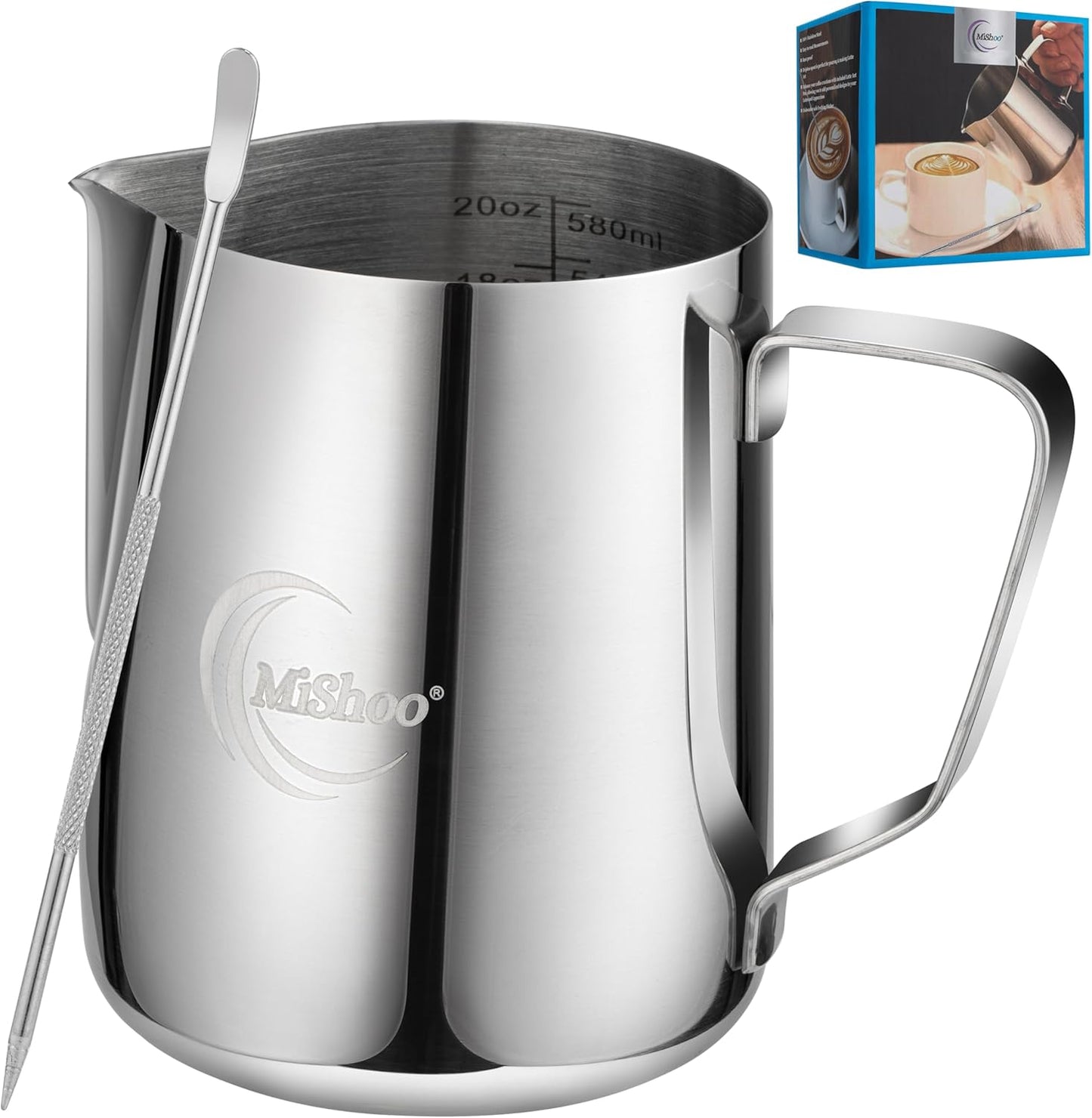 MiShoo® Milk Frothing Pitcher, 20oz Steaming Pitcher 304 Stainless Steel Espresso Machine Accessorie