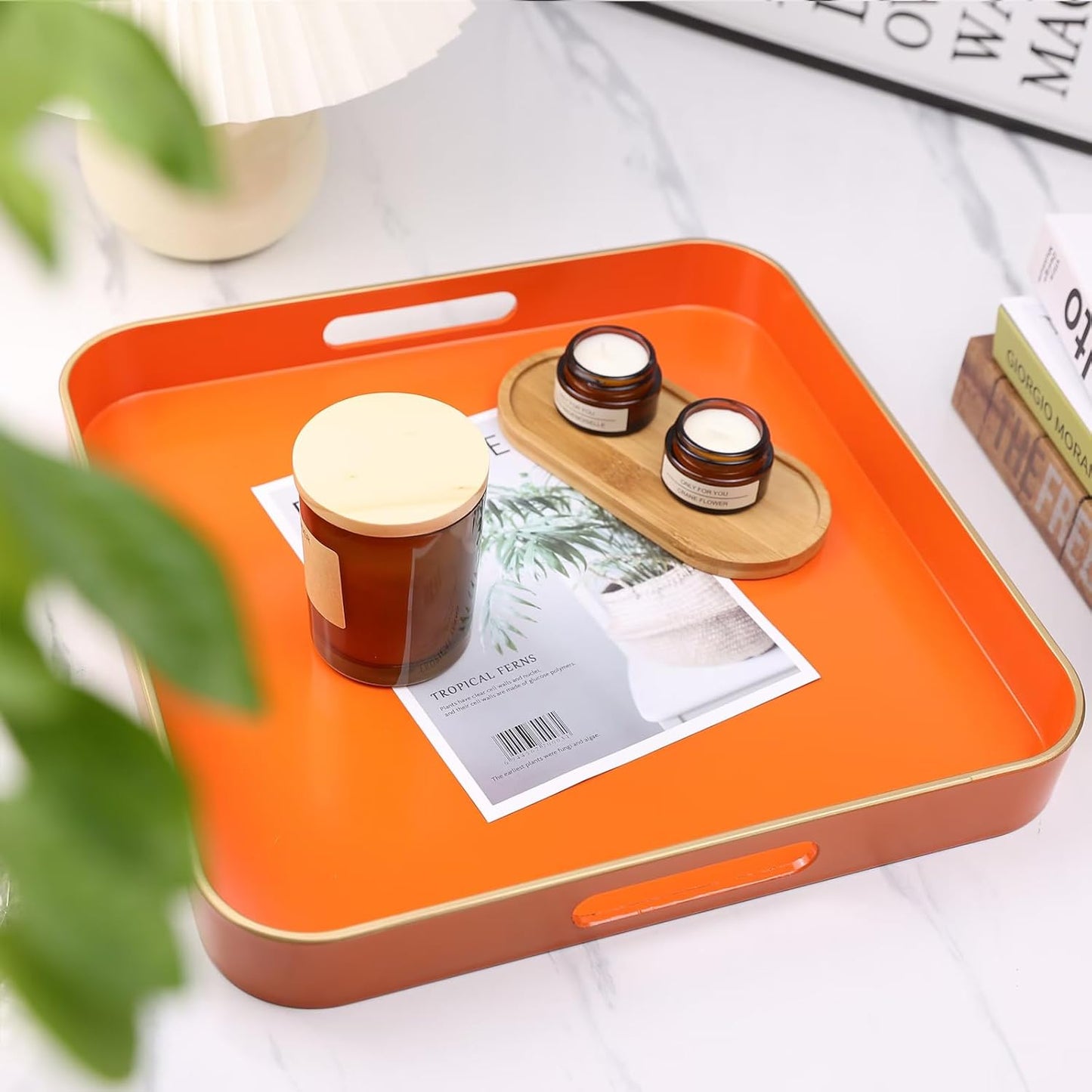 Orange Square Decorative Tray with Handles, 13"*13" Versatile Serving Tray for Coffee Table, Ottoman, Ideal for Serving, Displaying, Organizing