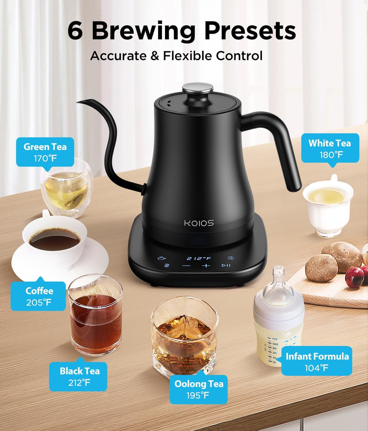 KOIOS Gooseneck Electric Kettle, ±1℉ Temp Control, Mute Mode, 4H Keep Warm | 0.8L Pour Over Kettle, 1200W Fast Heating, Stainless Steel, Coffee &amp; Tea Brewing