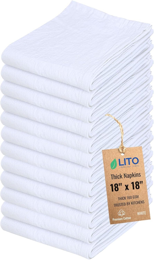 Thick Cotton Napkins – Flour Sack Napkin for Kitchen, Set of 12 (18"x18"), 100% Cotton, Highly Absorbent Hand Towels,