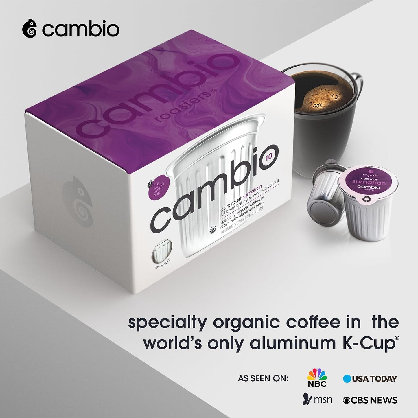 Cambio Roasters Dark Roast Coffee Pods - Recyclable Aluminum Pods, 10ct | Sumatran Organic Coffee in Recyclable Aluminum Coffee Pods. Compatible with Keurig® Brewers. Bold Flavor.