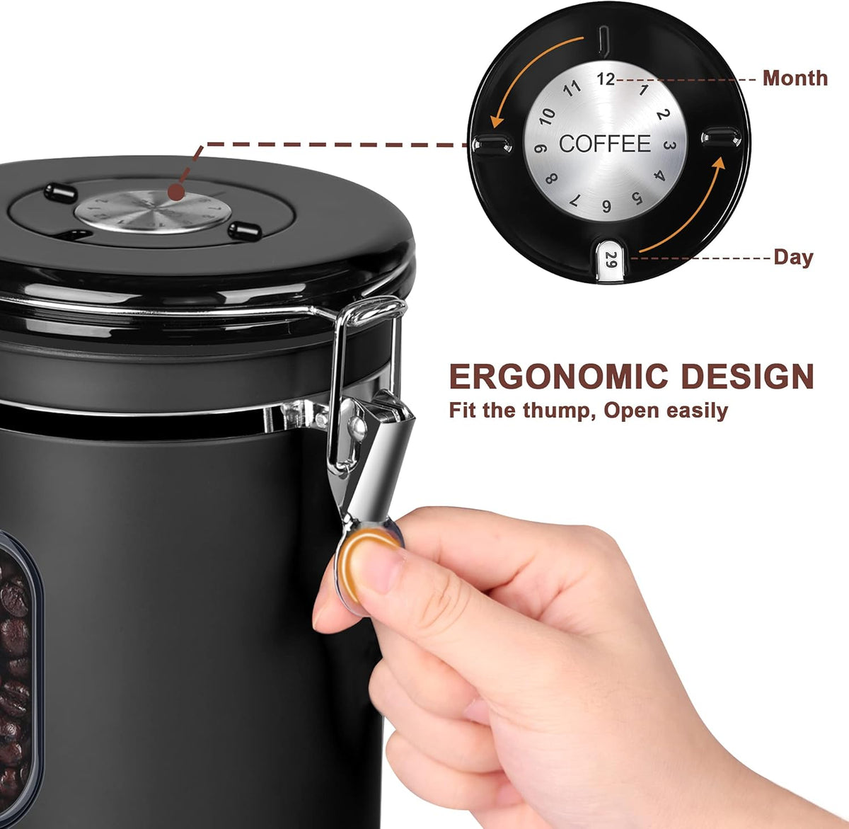 1800ML Airtight Coffee Canister with Date Tracker&Transparent Window, 22.8OZ Coffee Container with 30ML Measure Spoon&4 co2 Valve, Coffee Bean Storage Container for Grounds Coffee, Beans, Tea(Black)