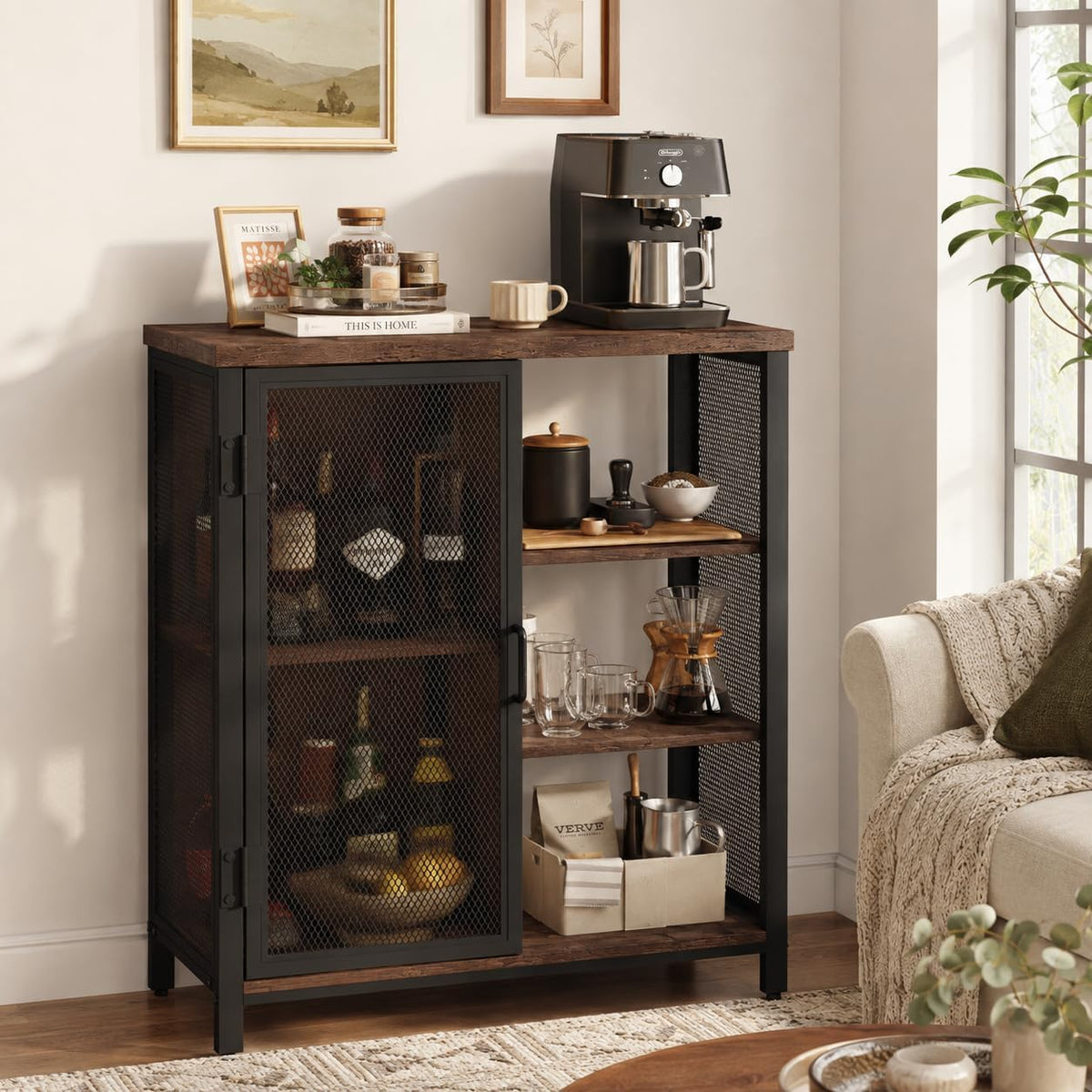 BON AUGURE Coffee Bar Cabinet for Home Liquor, Small Storage Cabinet for Kitchen and Entryway, Farmhouse Industrial Buffet Sideboard Credenza with Adjustable Shelves (Rustic Oak)