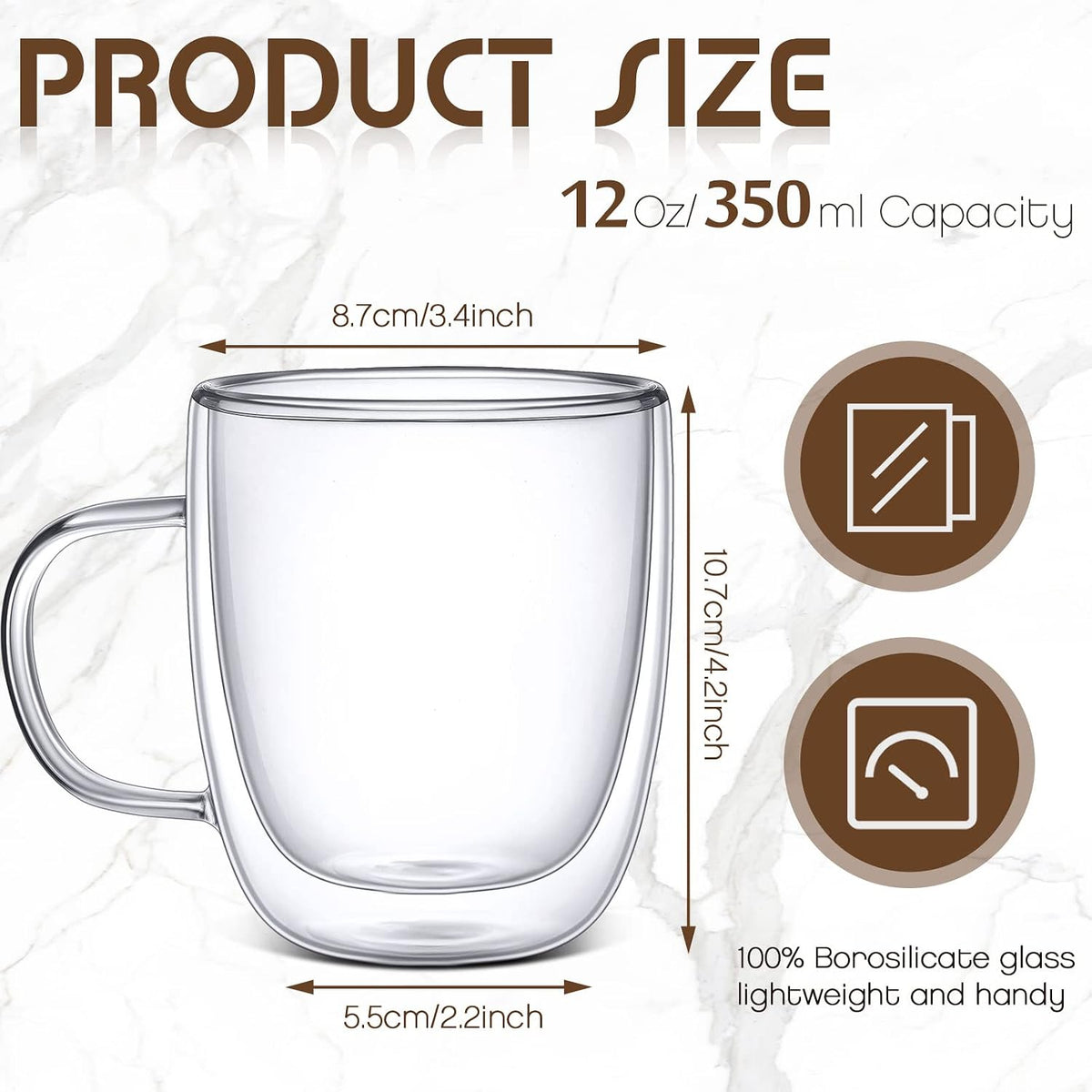Gerrii Espresso Cups Double Walled Espresso Shot Glass with Handle Cups Insulated Clear Small Shot Glasses for Cappuccino Latte Hot Beverage (12 oz,Flat Bottom,8 Pcs)