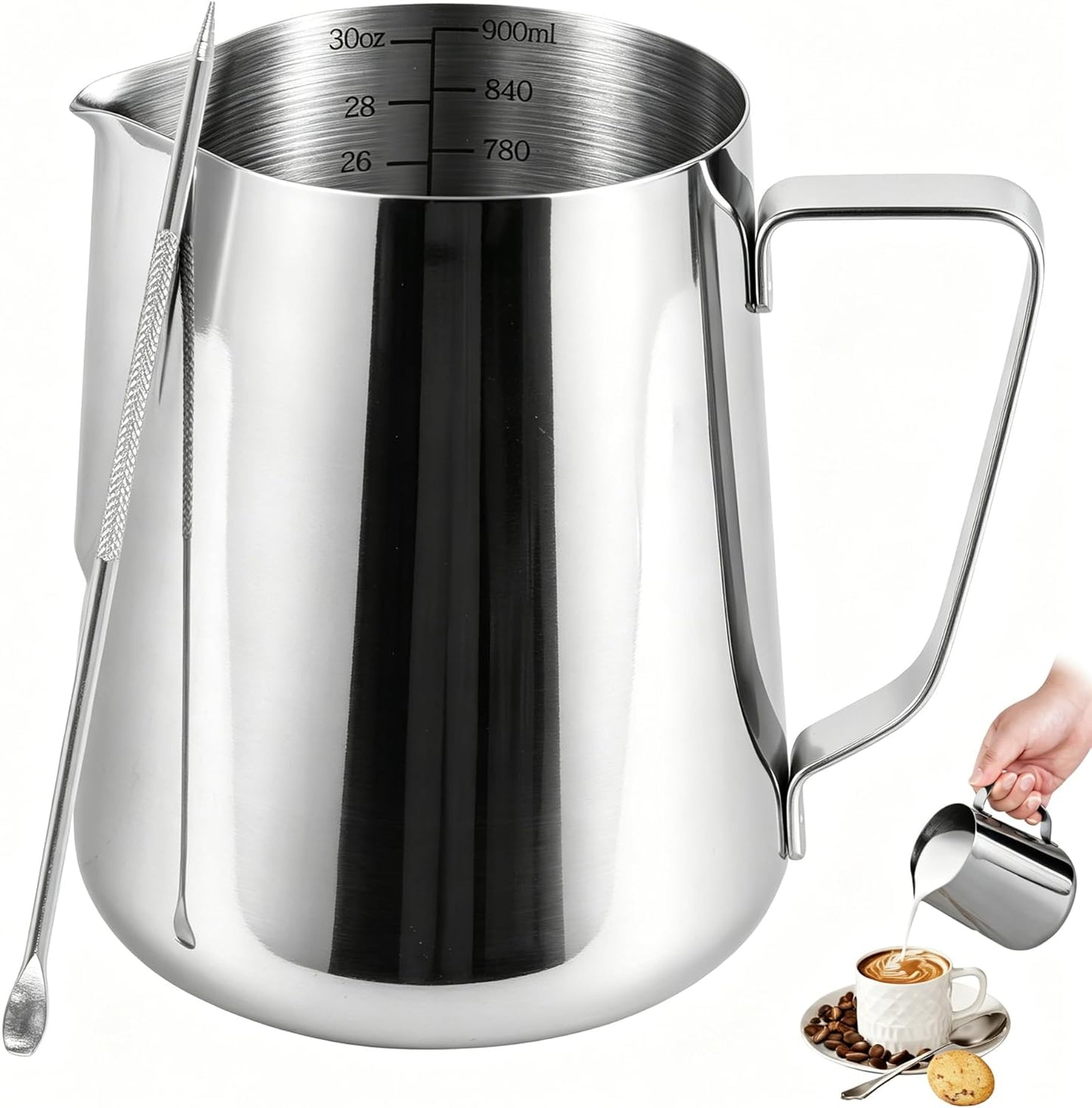 32oz Stainless Steel Milk Frothing Pitcher with Measurement Marks &amp; Art Pen