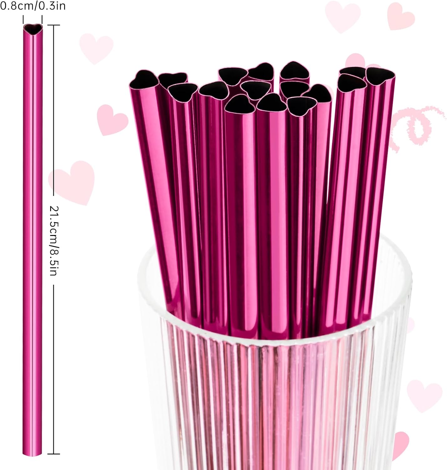 NiHome 8.5” Heart-Shaped Stainless Steel Straws Fit for Smoothie, Cocktails | 16-Pack Metal Straws with 2 Brushes for Holiday, Valentine’s Day, Reusable Drinking for Smoothie Milkshake (Pearl Hot Pink)