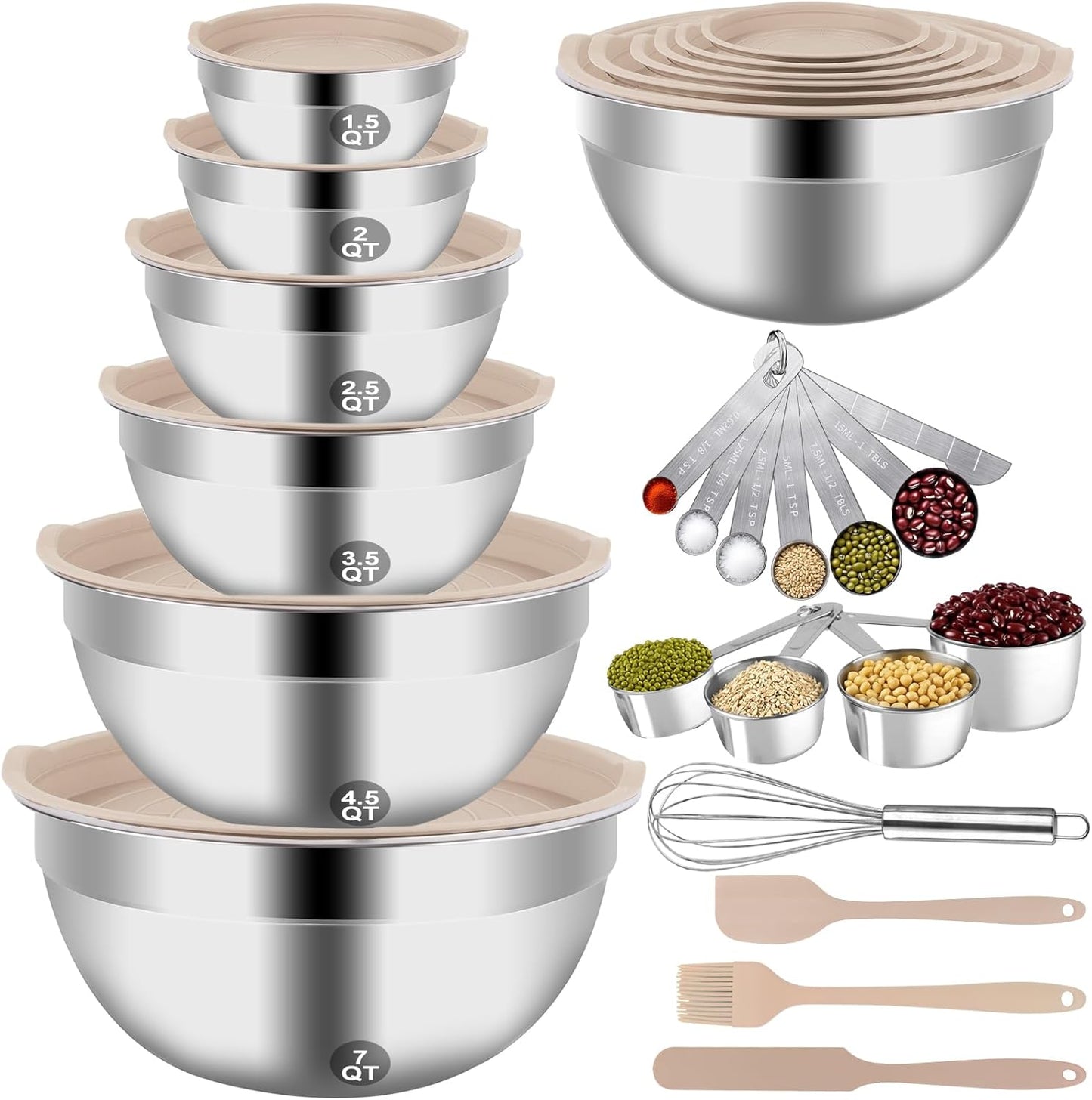 Mixing Bowls Set, 27PCS Khaki Mixing Bowls With Lids Set Stainless Steel Kitchen Large Nesting Metal Bowl 7QT to 1.5QT,
