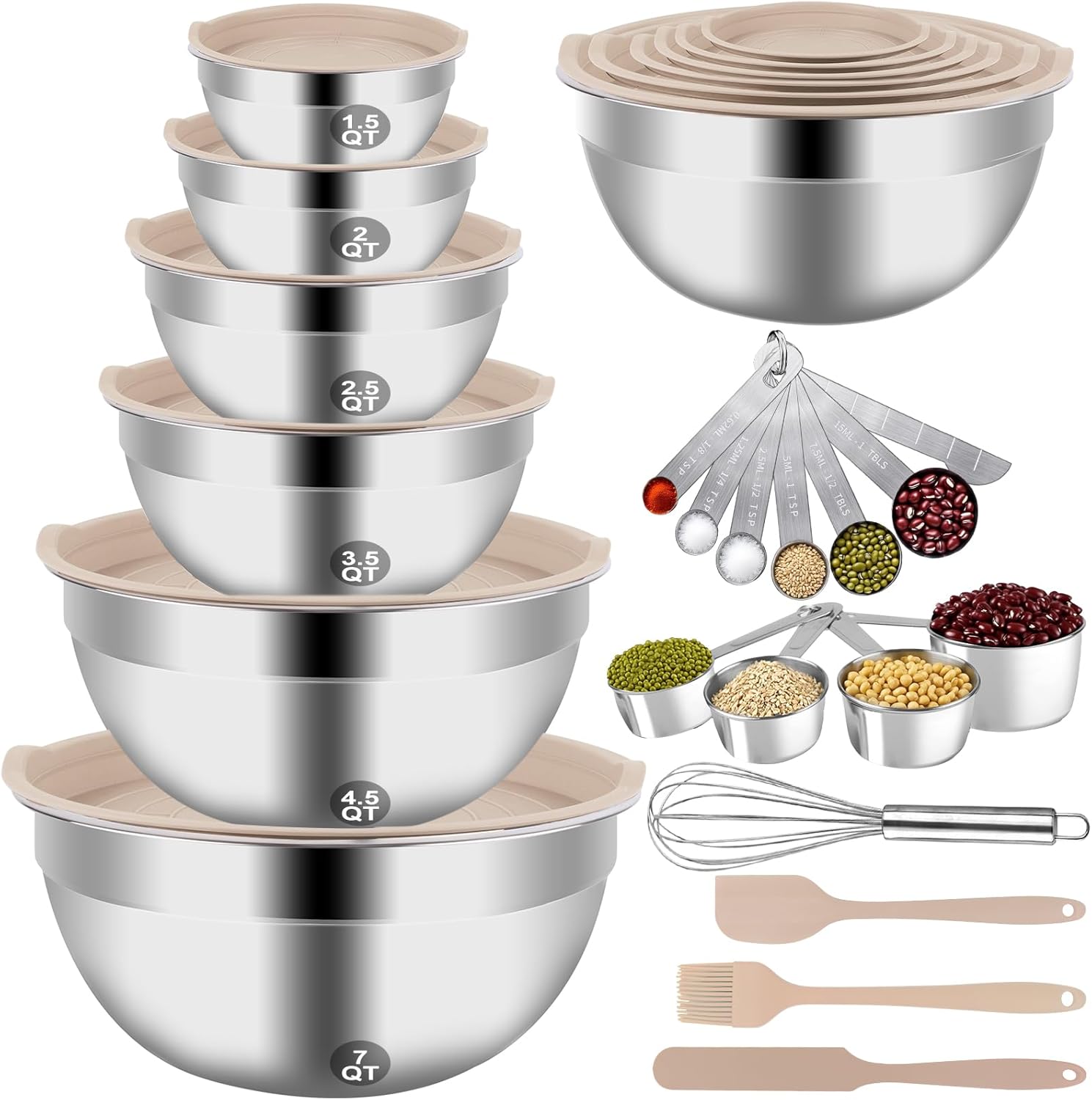 Mixing Bowls Set, 27PCS Khaki Mixing Bowls With Lids Set Stainless Steel Kitchen Large Nesting Metal Bowl 7QT to 1.5QT,