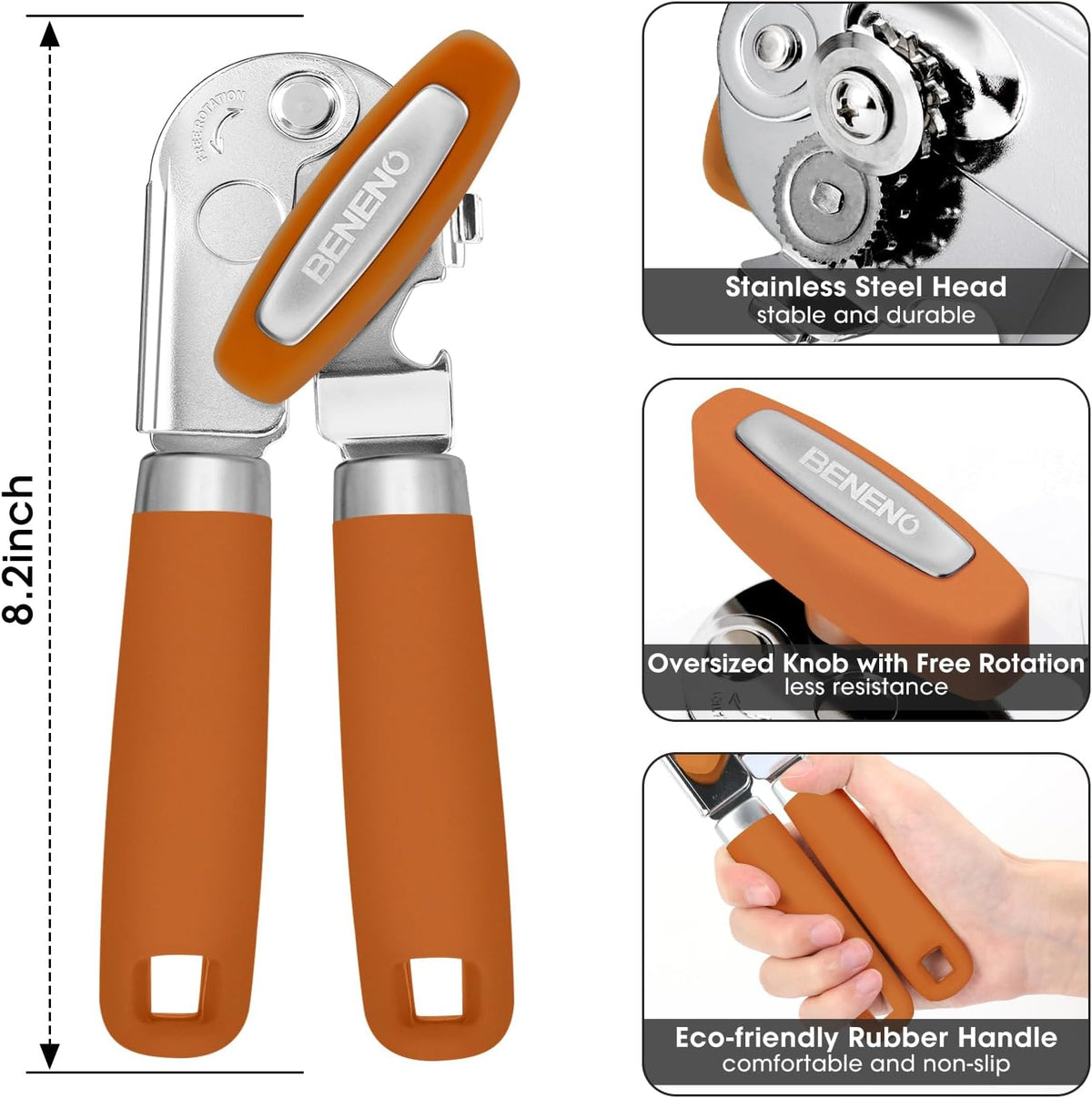 Beneno Can Opener Manual with Magnet, Hand Held Heavy Duty Can Opener with Durable Sharp Blade Smooth Edge, Big Effort-Saving Knob, Soft Grip Rubber Handle, Multifunctional Bottle Opener, Orange