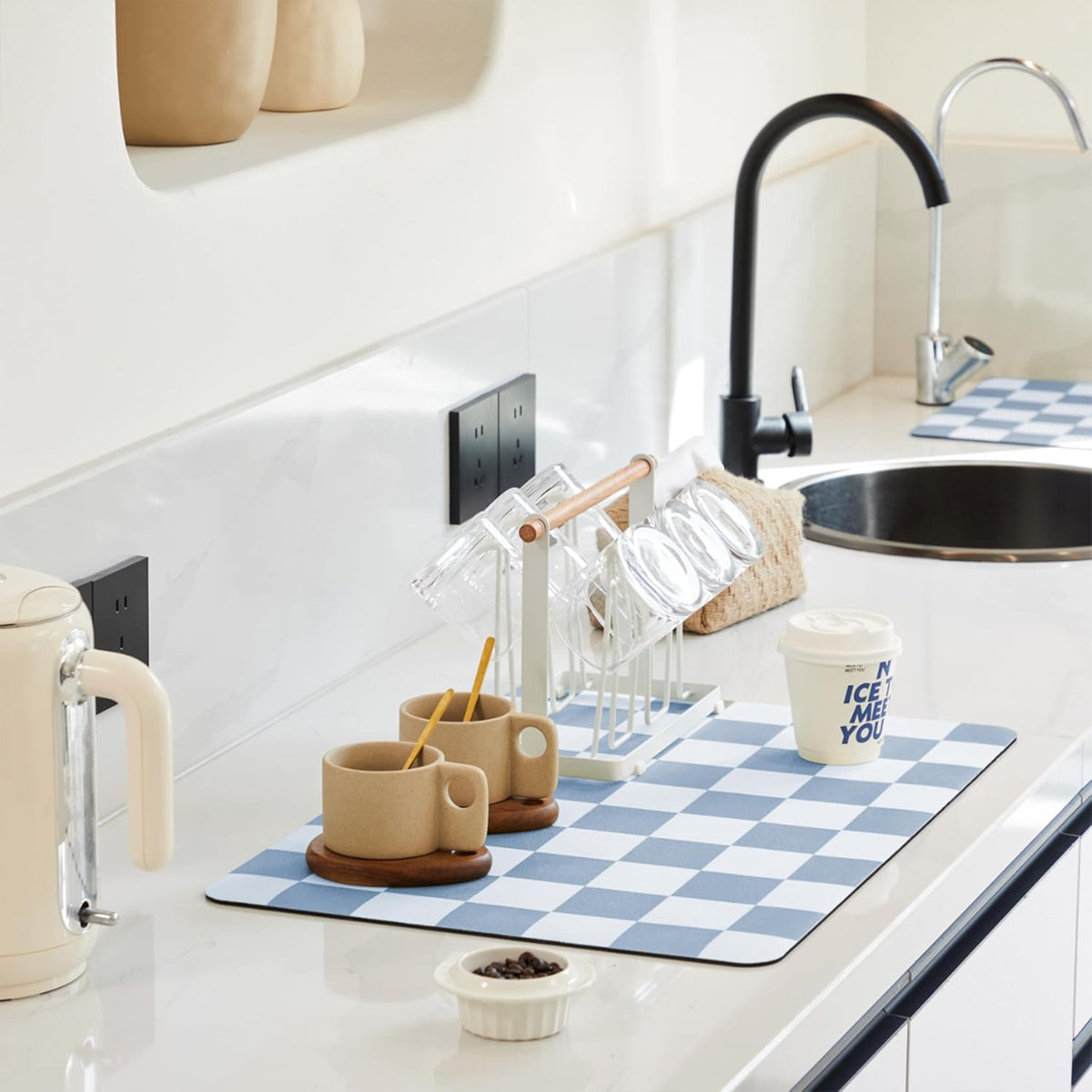 Checkered Dish Drying Mat for Kitchen Counter, Coffee Bar Station Accessories, Retro Cute Aesthetic Absorbent Coffee Mat Kitchen Drying Mat Easy Clean, Blue 12" x 19"