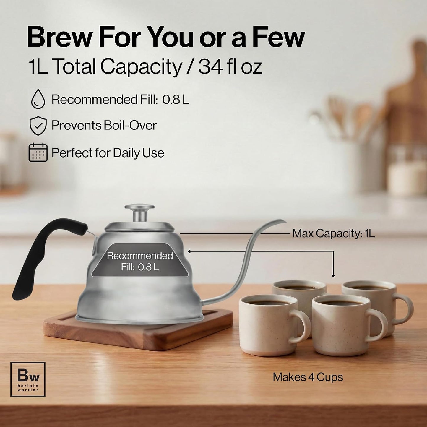 Barista Warrior Gooseneck Kettle with Thermometer - 1L Pour Over Coffee &amp; Tea Kettle, 18/8 Stainless Steel Gooseneck Kettle Pot, Precision Pour Drip Spout, Suitable for All-Stoves (34 fl oz)