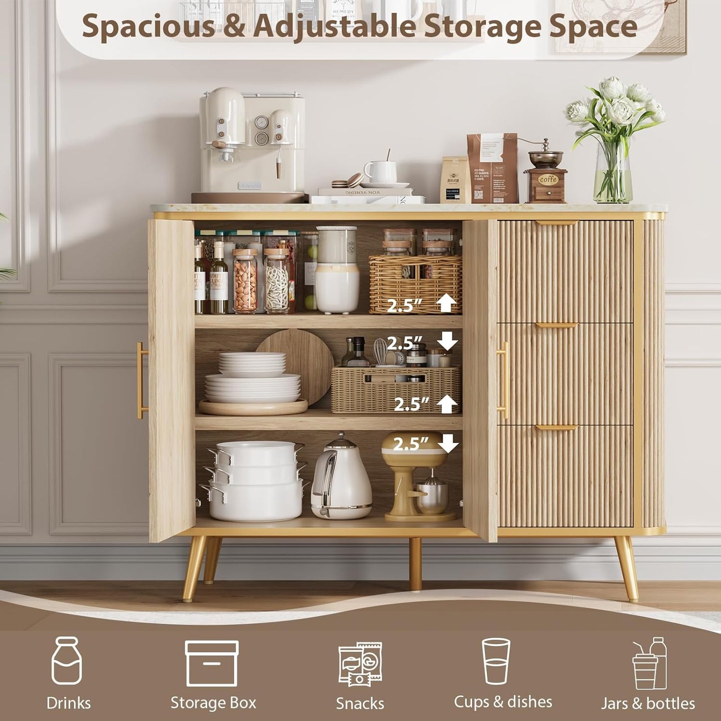 47.3" Modern Buffet Cabinet with Storage, Kitchen Sideboard Buffet with 2 Door &amp; 3 Drawers, Fluted Caffee Bar Storage Cabinet for Dining Room, Living Room, Entryway, Natural Oak
