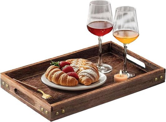 Wood Serving Tray with Handles for Breakfast in Bed, Coffee Table | 15.8 x 11 Inches Rectangular Pine Wood Decorative Tray, Ottoman Decorative Trays Platter for Living Room, Bar, Party