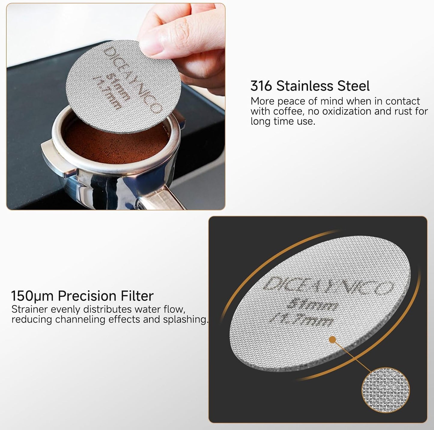 2PCS Espresso Puck Screen, Metal Coffee Filter, 1mm &amp; 1.7mm 51mm | 1.0mm &amp; 1.7mm, 150um 316 Stainless Steel, Reusable Barista Filter for 51mm Portafilter Basket