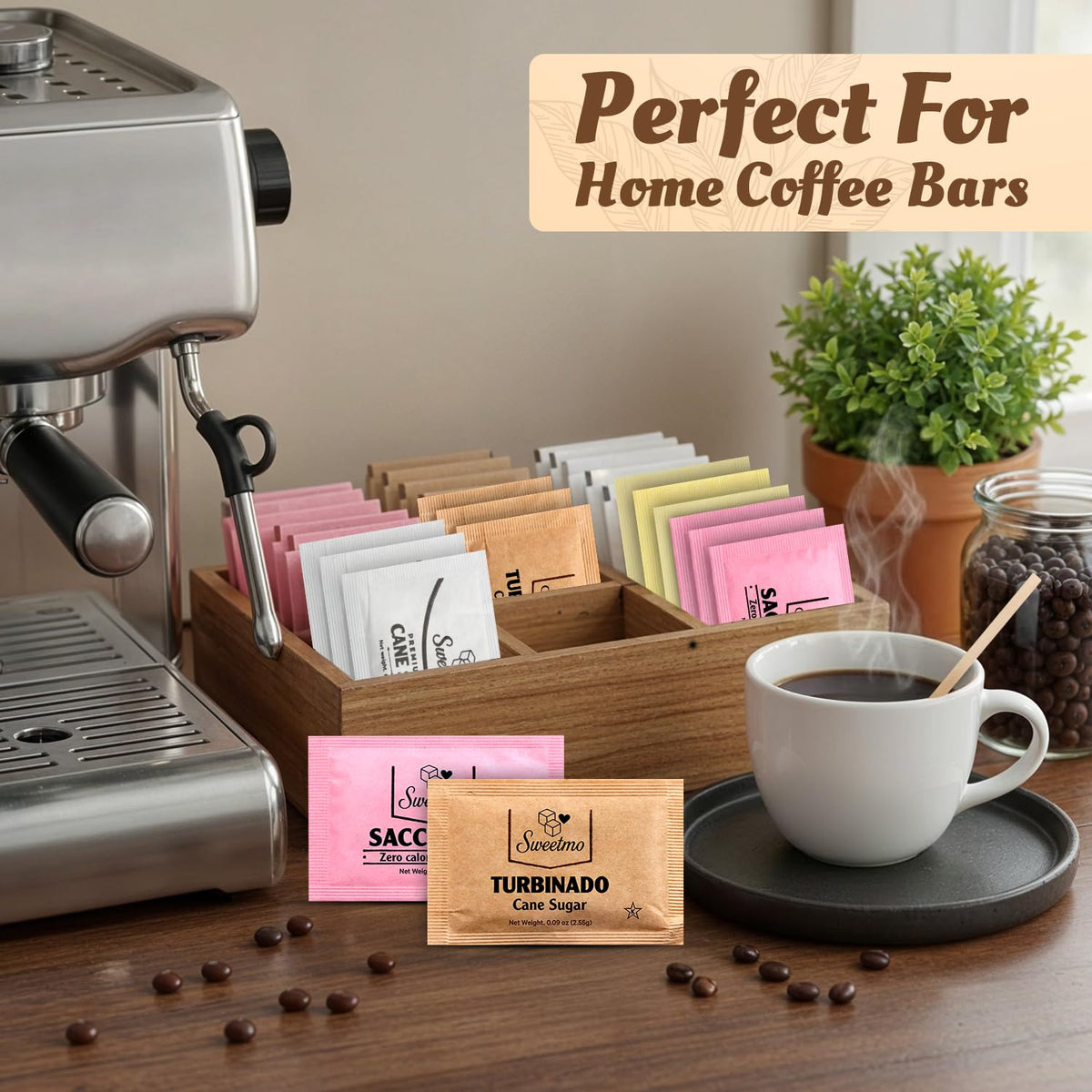 Sweetmo Sugar Packets Variety Pack - Sucralose, Raw Sugar, Saccharin, Cane Sugar with Wooden Stirrers - 400 Count for Coffee, Tea, Office Breakrooms, Home &amp; Airbnb