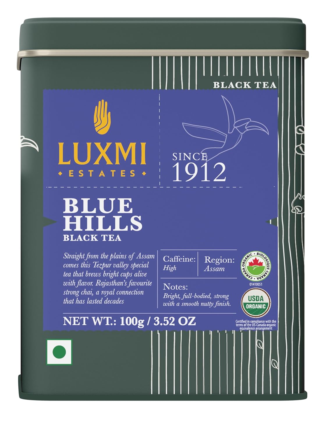 Luxmi Estates - Blue Hills CTC Black Tea 100gm, 3.52 Oz loose leaf tin Caddy