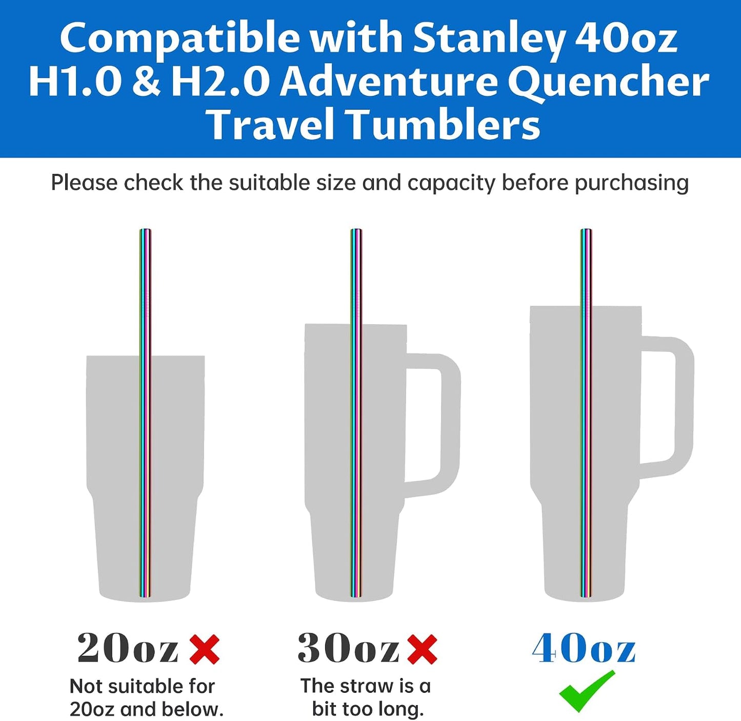 Tomorotec 8PCS Stainless Steel Straws Fit for 40oz Stanley Tumblers