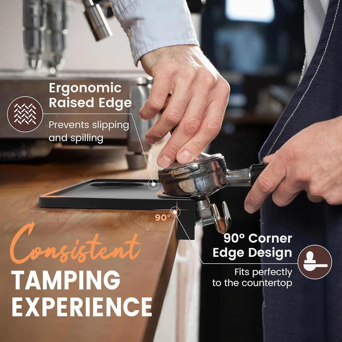 Espresso Tamping Mat, Non-Slip Silicone Tamper Mat for Espresso Machine &amp; Countertop, Barista Tamping Station Pad with Portafilter Notch &amp; 90° Counter Edge, fits 51-58.5mm