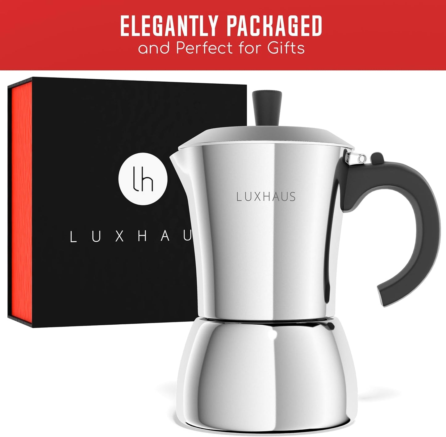 LuxHaus 6 Cup Moka Pot (2oz each cup - 12oz total) Stovetop Espresso Maker - Stainless Steel Italian and Cuban Mocha Coffee Maker