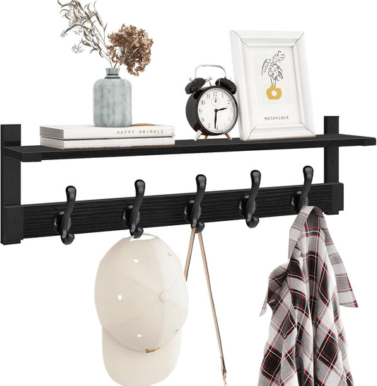 Homode Coat Hanger Wall Mount with Shelf, 29 in Hanging Rack with Storage, Entryway Shelf with Pegs for Hanging Coats, Hats,