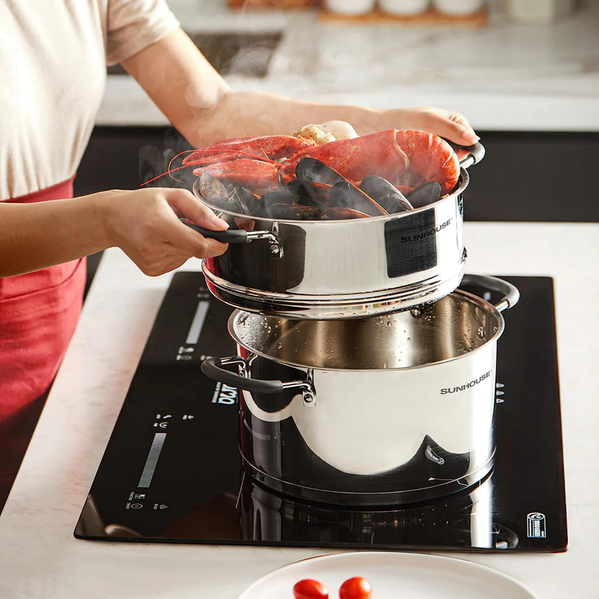 Sunhouse - 5.5 Quarts Steamer Pots With Lid 2-Tier Multipurpose Stainless Steel Steaming Pot Cookware For Vegetable, Dumpling, Sauce, Food - Triple Bottom, Measurement Line