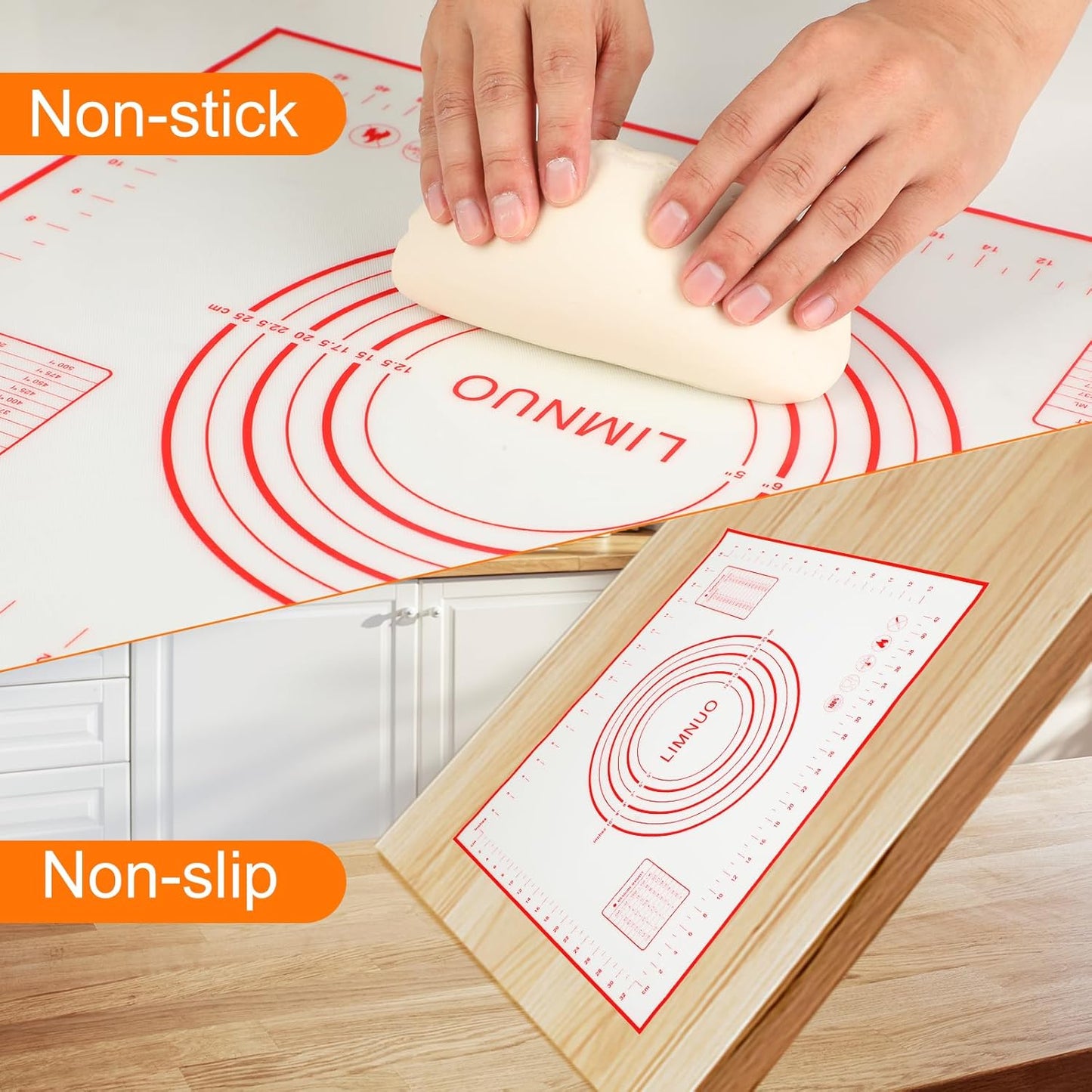 Silicone Baking Mat，Non Stick Rolling Dough with Measurements for Pie Pizza Cookies Fondant Making，Extra Thick Non Slip Silicone Pastry Mat (Red, L-16"×24")