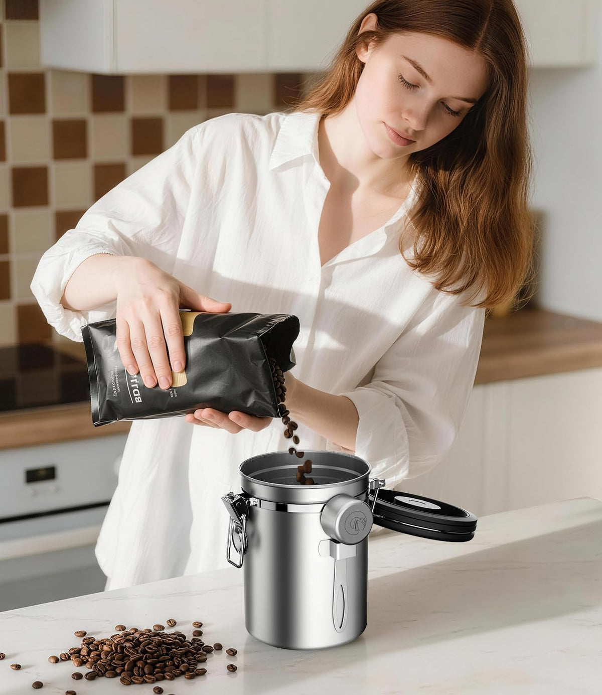 Coffee Gator Coffee Canister, 16oz Airtight Stainless Steel Container | w/ Date Tracker, Scoop, Kitchen Food Storage Jars for Beans , Ground, Rice, Tea, Sugar, Cookie, Bar Accessories, Silver