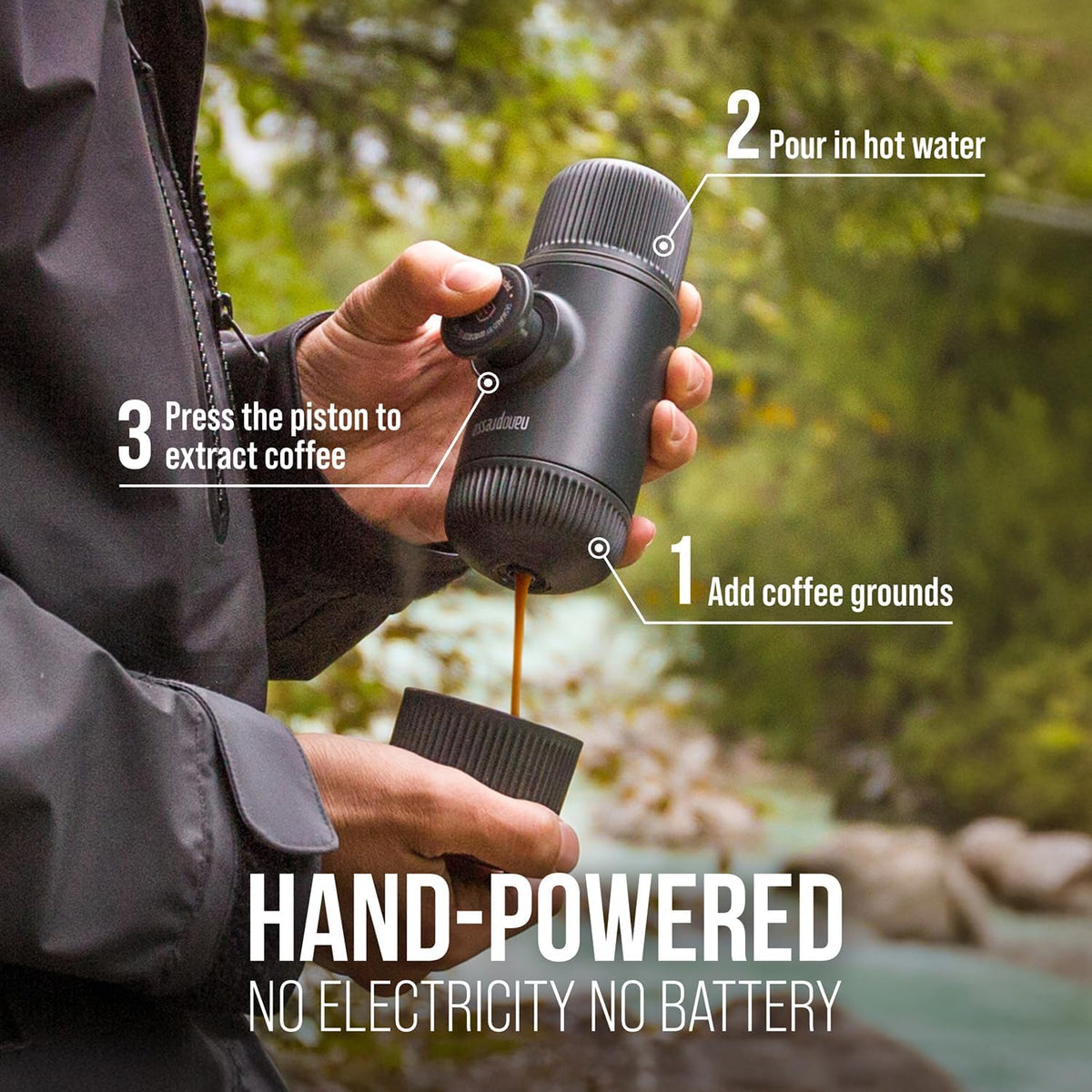 WACACO Nanopresso Portable Espresso Maker Bundled with Protective Case, Mini Travel Coffee Machine, Perfect for Camping, Travel and Office（ Black）