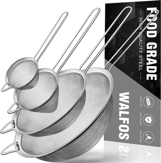 Walfos Fine Mesh Strainer 4PCS, Versatile Kitchen Strainer with Handle - 7", 5", 3.3", 2.8" Sieve Fine Mesh Stainless Steel,