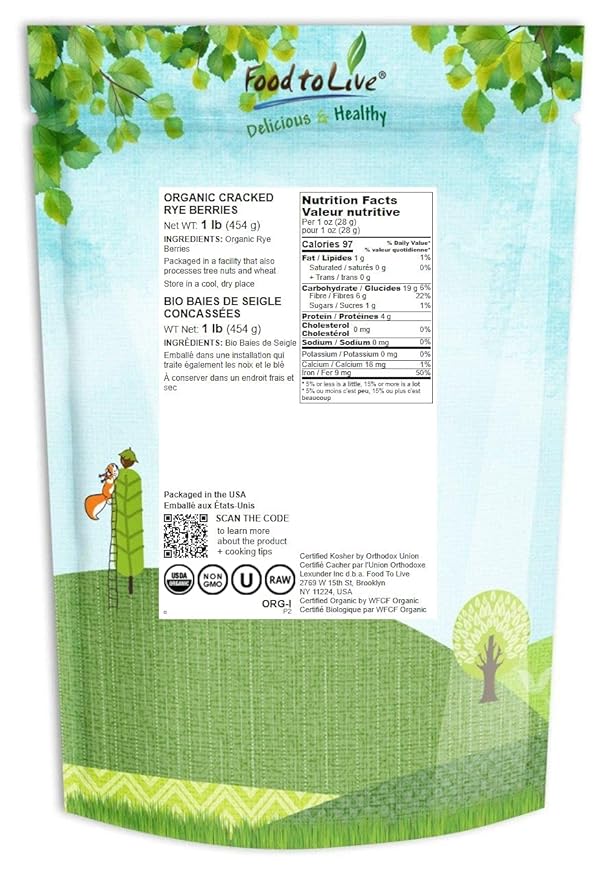 Food to Live Organic Cracked Rye Berries, 1 Pound - Non-GMO. Crushed & Sifted Groats. Raw, Vegan, Kosher, Bulk. Broken Whole Grain, Great for Cereal & Porridge. Good Source of Fiber & Protein
