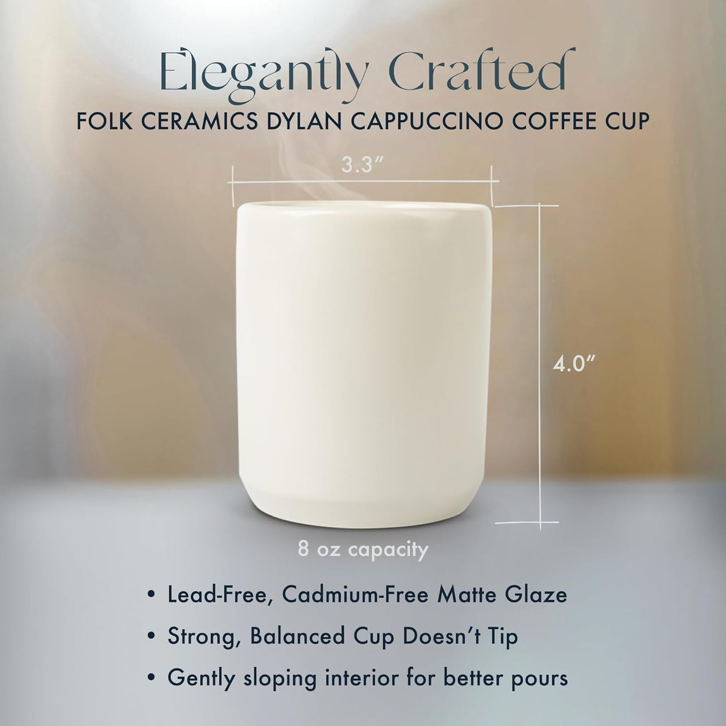 Folk Ceramics Dylan Cappuccino Cups, Fog Grey, Set of 2, 8oz | Double Walled Ceramic, Compact &amp; Heat Insulated, For Cappuccino, Tea, Coffee &amp; Latte