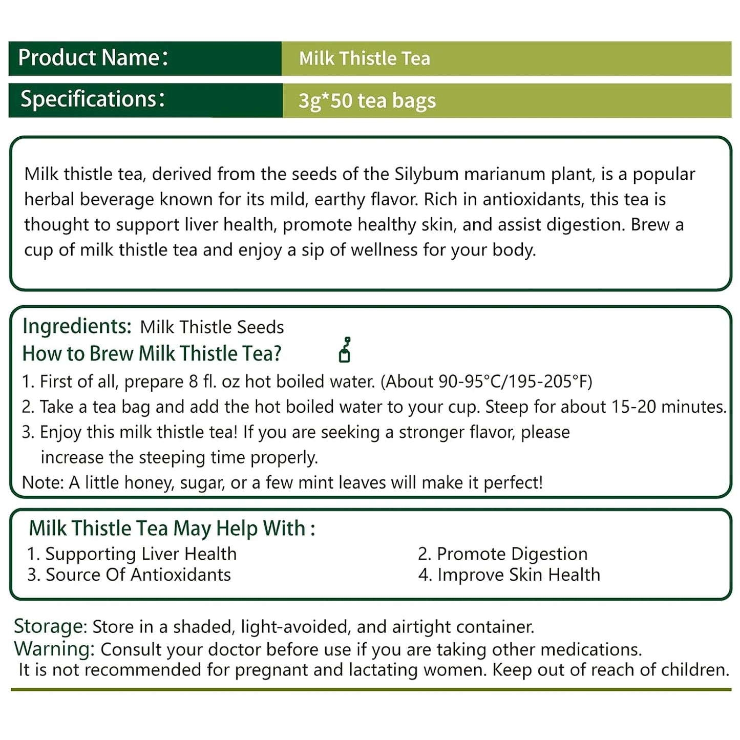 Samcci Milk Thistle Tea Bags, 50 Count, 3g/bag, Te De Cardo Mariano | 100% Natural Milk Thistle Seeds Support Liver Herbal Tea, Caffeine Free, No Additives, No Sugar, Non-GMO, No Gluten