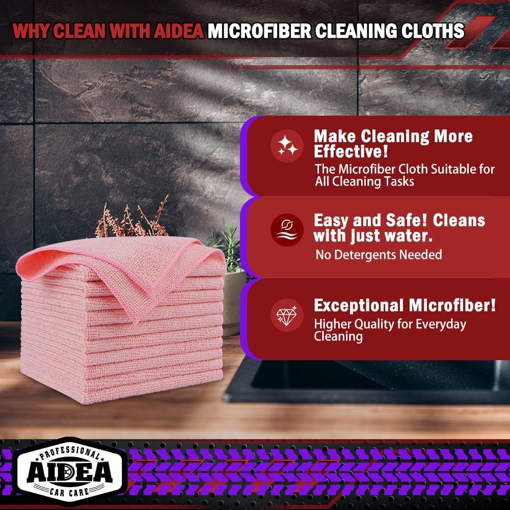 AIDEA Microfiber Cleaning Cloth Pink 20PK, Microfiber Towels 12×12"