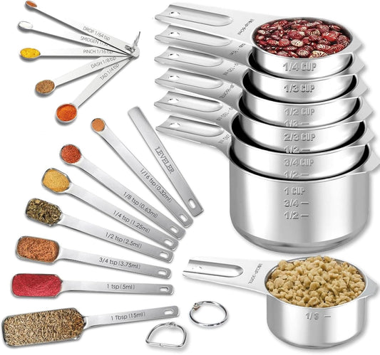 20PCS Measuring Cups and Spoons Set, Includes 7 Stackable Stainless Steel Cups, 7 Rectangular & 5 Mini Measuring Spoons with