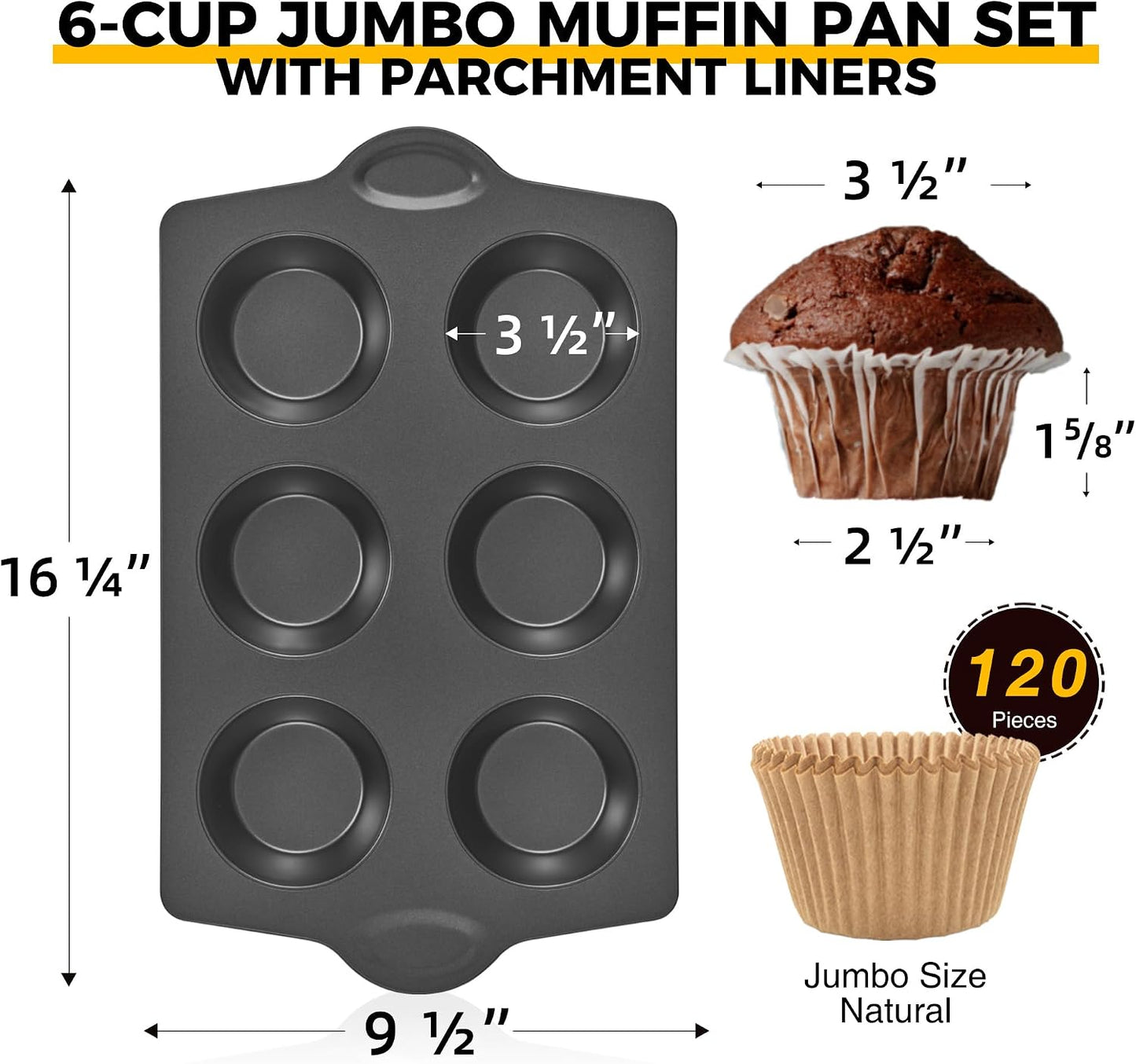 Nonstick Jumbo Muffin Pan, 2 Pack Large Cupcake Tin with 120pcs Muffin Liners, Cup Cake Tray for Baking, 3.5dia, 6 Cup, Premium, Extra Thick