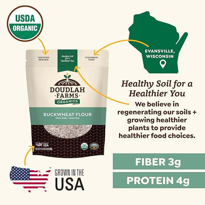 Organic Buckwheat Flour 1.5 lb - Non-GMO, USDA Organic, Gluten Free, Vegan - For Baking Bread, Pancakes, and More! Grown In USA, Farmed From Regenerative Soil by Doudlah Farms